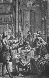Elektrisches Experiment an einem Mann von Abbe Jean Antoine Nollet (1700-70) in einem Physikerkabinett, Frontispiz-Illustration aus 